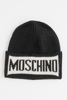 Moschino, Caciula din amestec de lana cu logo supradimensionat, Negru/Alb Moschino, Caciula din amestec de lana cu logo supradimensionat, Negru/Alb