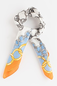 Moschino, Esarfa patrata din matase cu imprimeu, Oranj/Albastru/Alb Moschino, Esarfa patrata din matase cu imprimeu, Oranj/Albastru/Alb