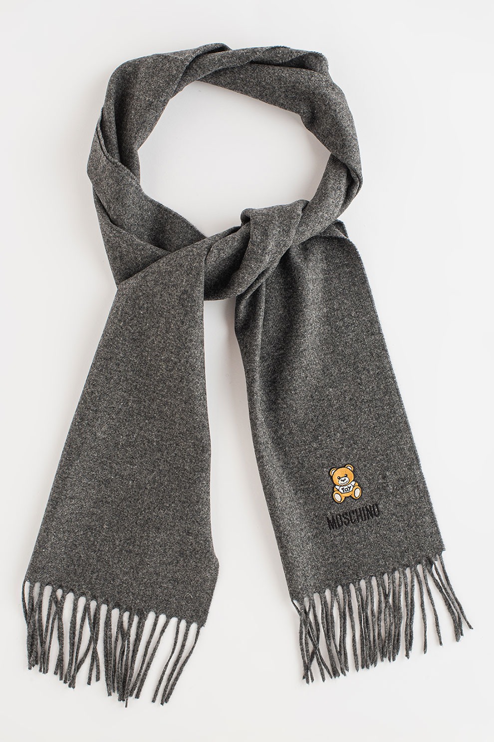 Moschino, Fular din lana cu detalii cu franjuri, Gri inchis