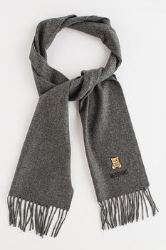 Moschino, Fular din lana cu detalii cu franjuri, Gri inchis Moschino, Fular din lana cu detalii cu franjuri, Gri inchis