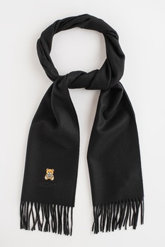 Moschino, Fular din lana cu detalii cu franjuri, Negru Moschino, Fular din lana cu detalii cu franjuri, Negru