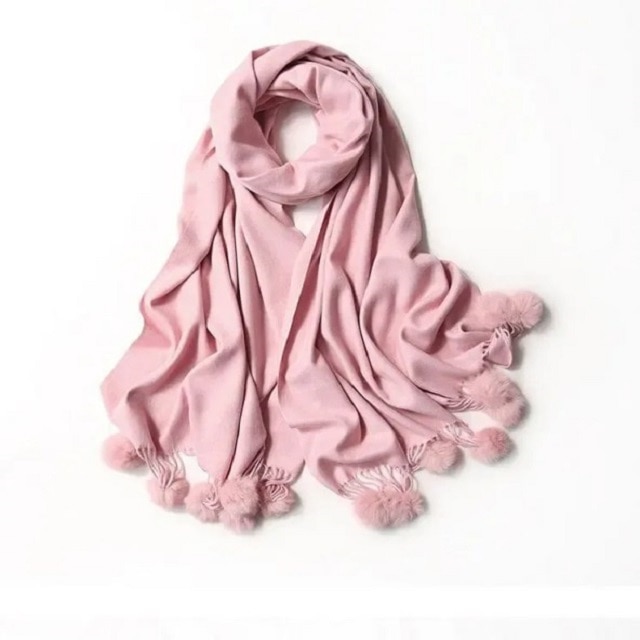 Esarfa casmir tip fular cu ciucuri, roz pal, 180x70 cm