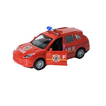 Masinuta metalica Porsche Cayenne Pompieri, lumini functionale, deschide usile, scara 1:32, rosu Masinuta metalica Porsche Cayenne Pompieri, lumini functionale, deschide usile, scara 1:32, rosu