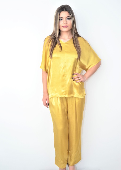 Pijama satin auriu,maneca scurta, Galben