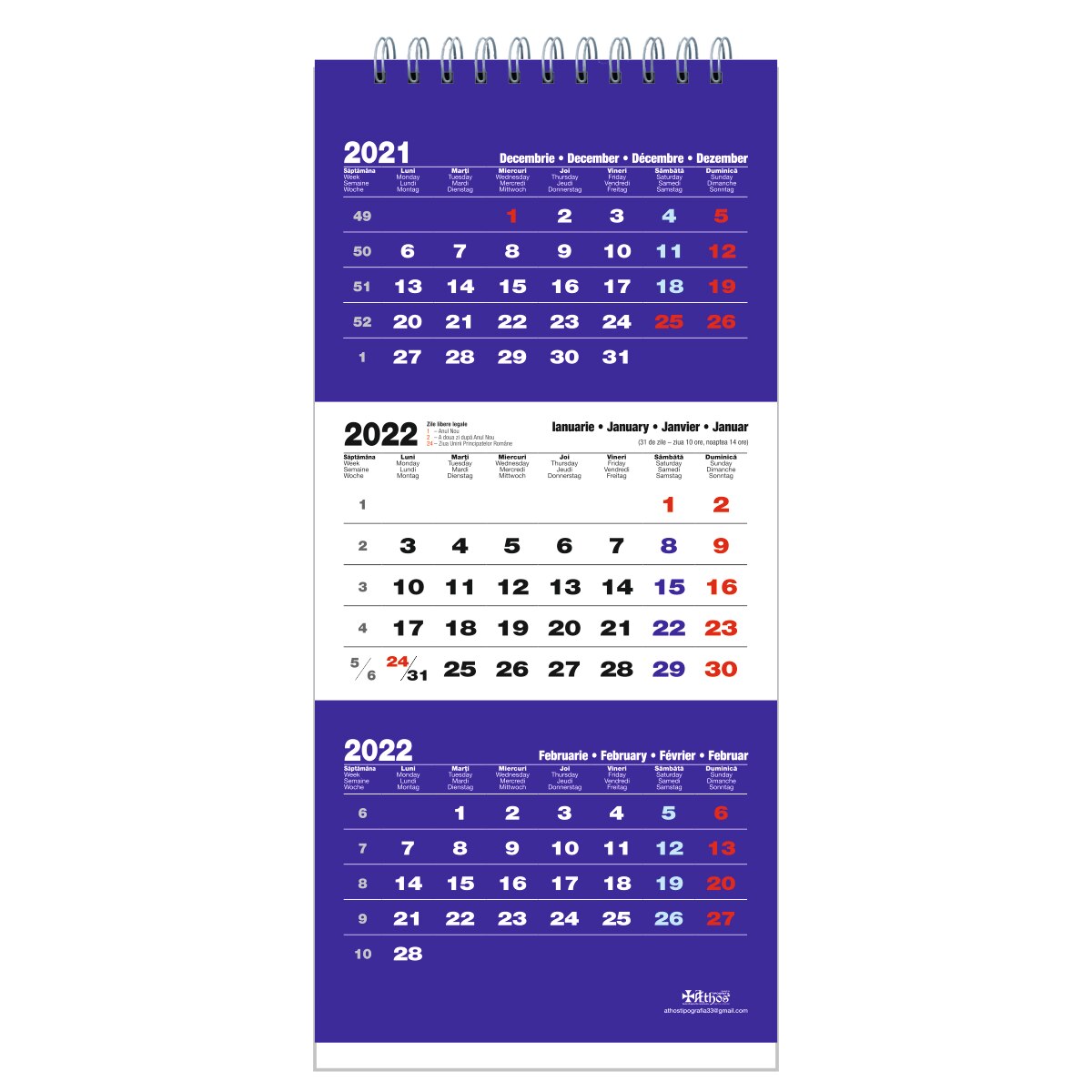 Calendar de birou 2022, Triptic, 8x17 cm