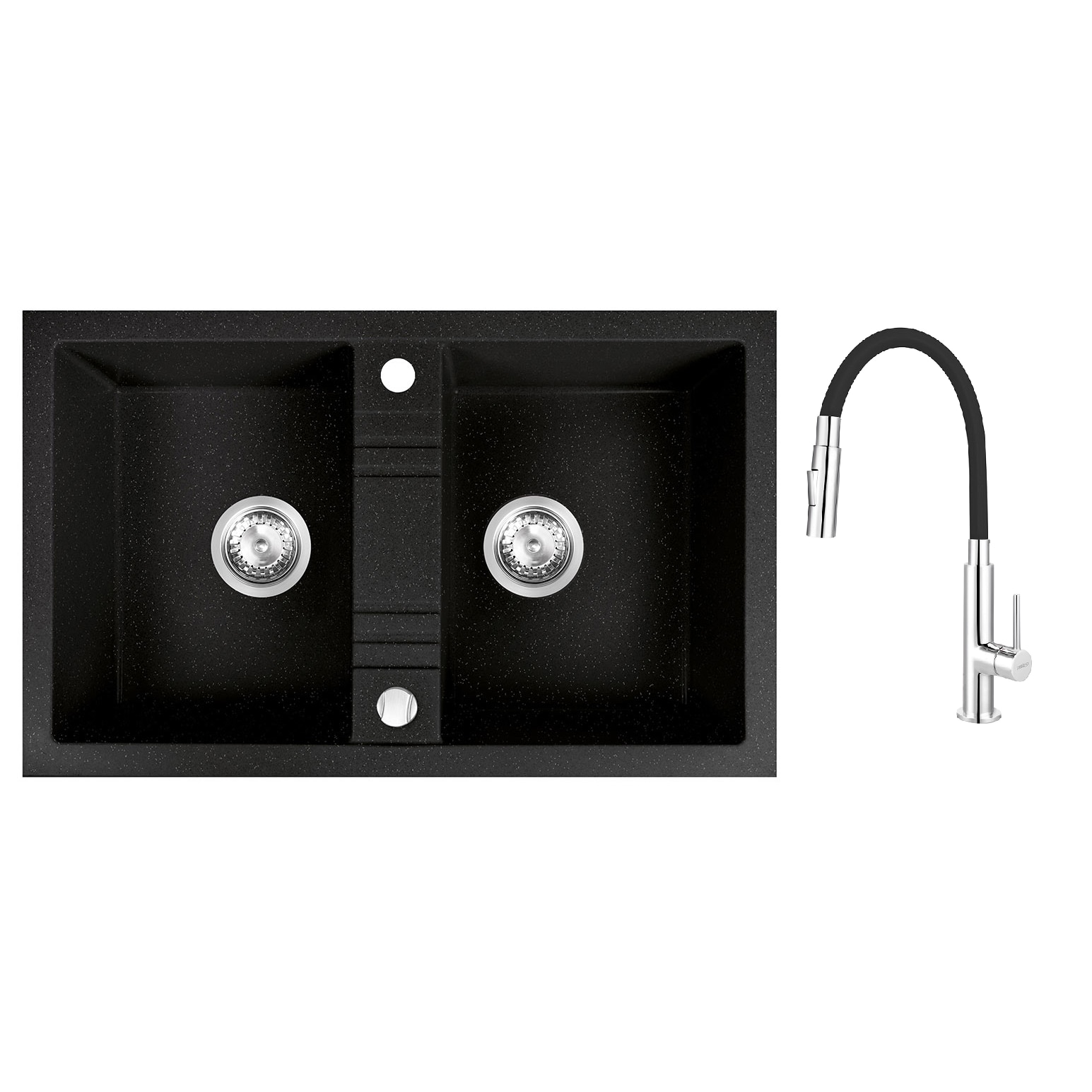 Pachet 2in1 Chiuveta bucatarie 2 Cuve Ferro granit 78x48 cm, grafit lucios, Zumba Slim 2F - baterie stativa bucatarie cu pipa flexibila, negru-argintiu