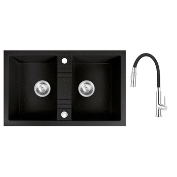 Pachet 2in1 Chiuveta bucatarie 2 Cuve Ferro granit 78x48 cm, grafit lucios, Zumba Slim 2F - baterie stativa bucatarie cu pipa flexibila, negru-argintiu Pachet 2in1 Chiuveta bucatarie 2 Cuve Ferro granit 78x48 cm, grafit lucios, Zumba Slim 2F - baterie stativa bucatarie cu pipa flexibila, negru-argintiu