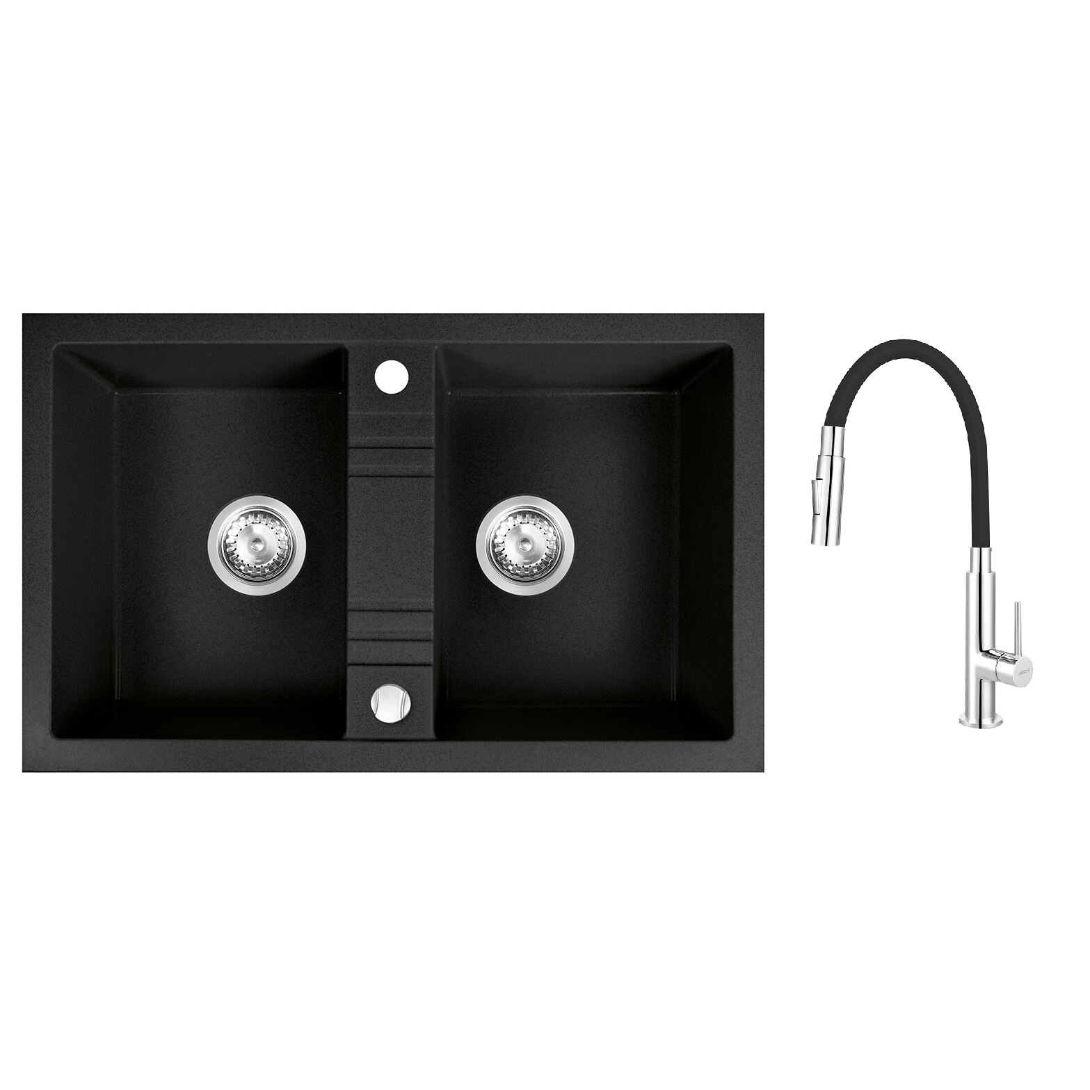 Pachet 2in1 Chiuveta bucatarie 2 Cuve Ferro granit 78x48 cm, grafit, Zumba Slim 2F - baterie stativa bucatarie cu pipa flexibila, negru-argintiu