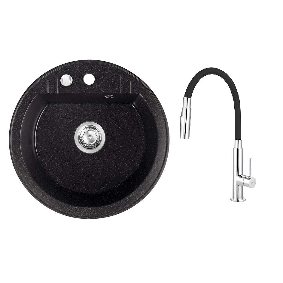 Pachet 2in1 Chiuveta 1 Cuva Rotunda bucatarie Ferro granit 510 mm, grafit lucios, Zumba Slim 2F - baterie stativa bucatarie cu pipa flexibila, negru-argintiu