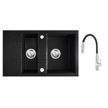 Pachet 2in1 Chiuveta bucatarie dubla Ferro granit 79x48 cm, grafit, Zumba Slim 2F - baterie stativa bucatarie cu pipa flexibila, negru-argintiu Pachet 2in1 Chiuveta bucatarie dubla Ferro granit 79x48 cm, grafit, Zumba Slim 2F - baterie stativa bucatarie cu pipa flexibila, negru-argintiu