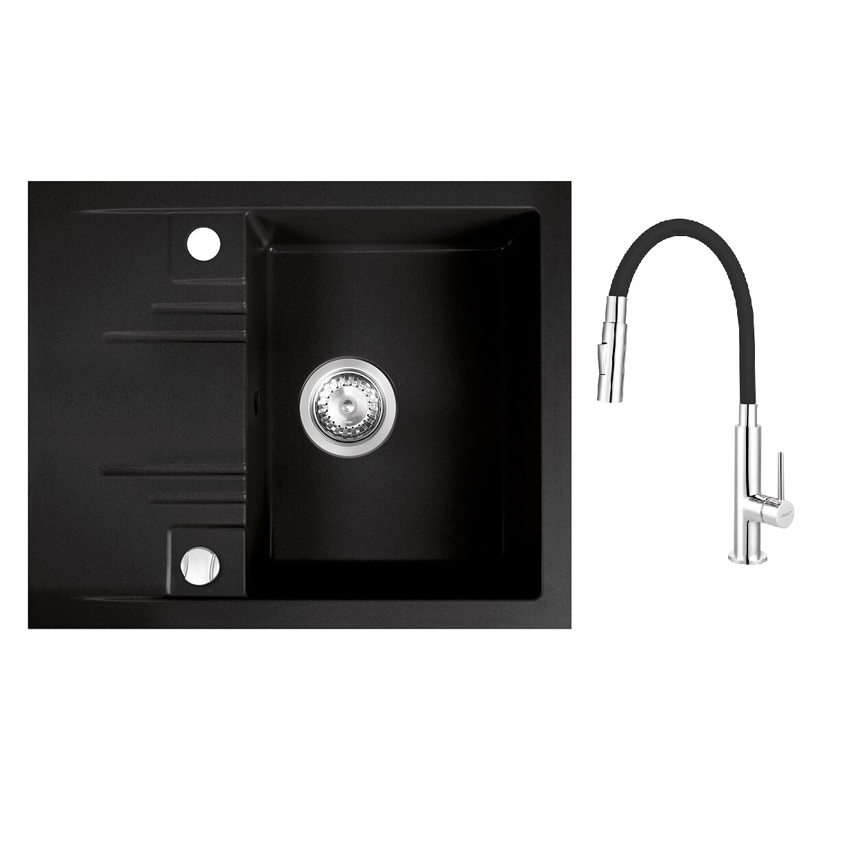 Pachet 2in1 Ferro Chiuveta granit cu picurator mic patrata, Incastrat, 48/58 cm, grafit, Zumba Slim 2F - baterie stativa bucatarie cu pipa flexibila, negru-argintiu