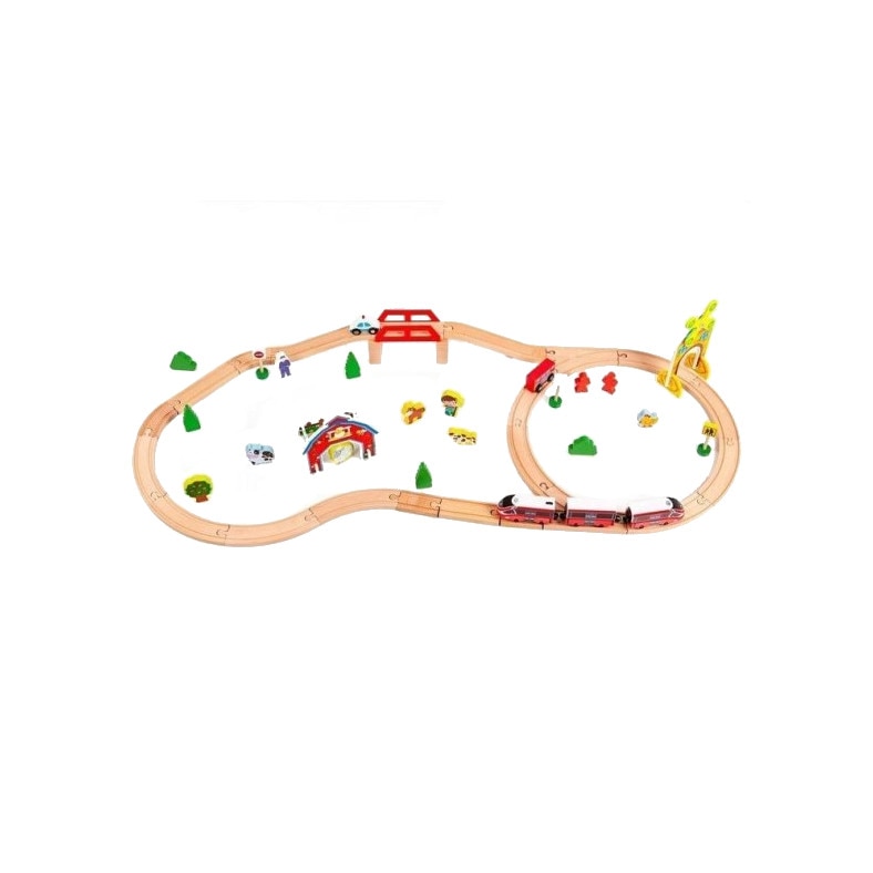 Set trenulet cu sine de lemn si accesorii, 53 de piese fara margini ascutite,vopite ecologic, locomotiva cu baterii si vagoane, 114 x 48 cm
