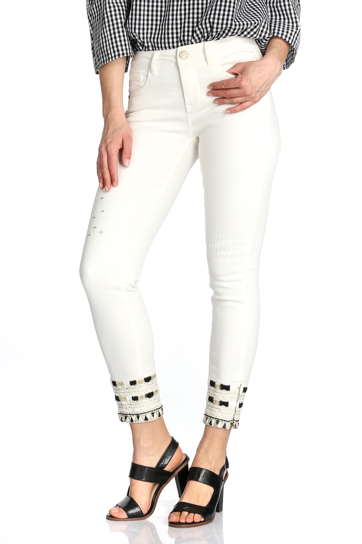 Blugi Skinny cu detalii brodate, Desigual-Denim Luna, Alb, 26