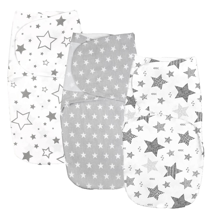 Комплект от 3 двойни системи за повиване с фланелен интериор 0-3 месеца Kidizi All Grey Stars