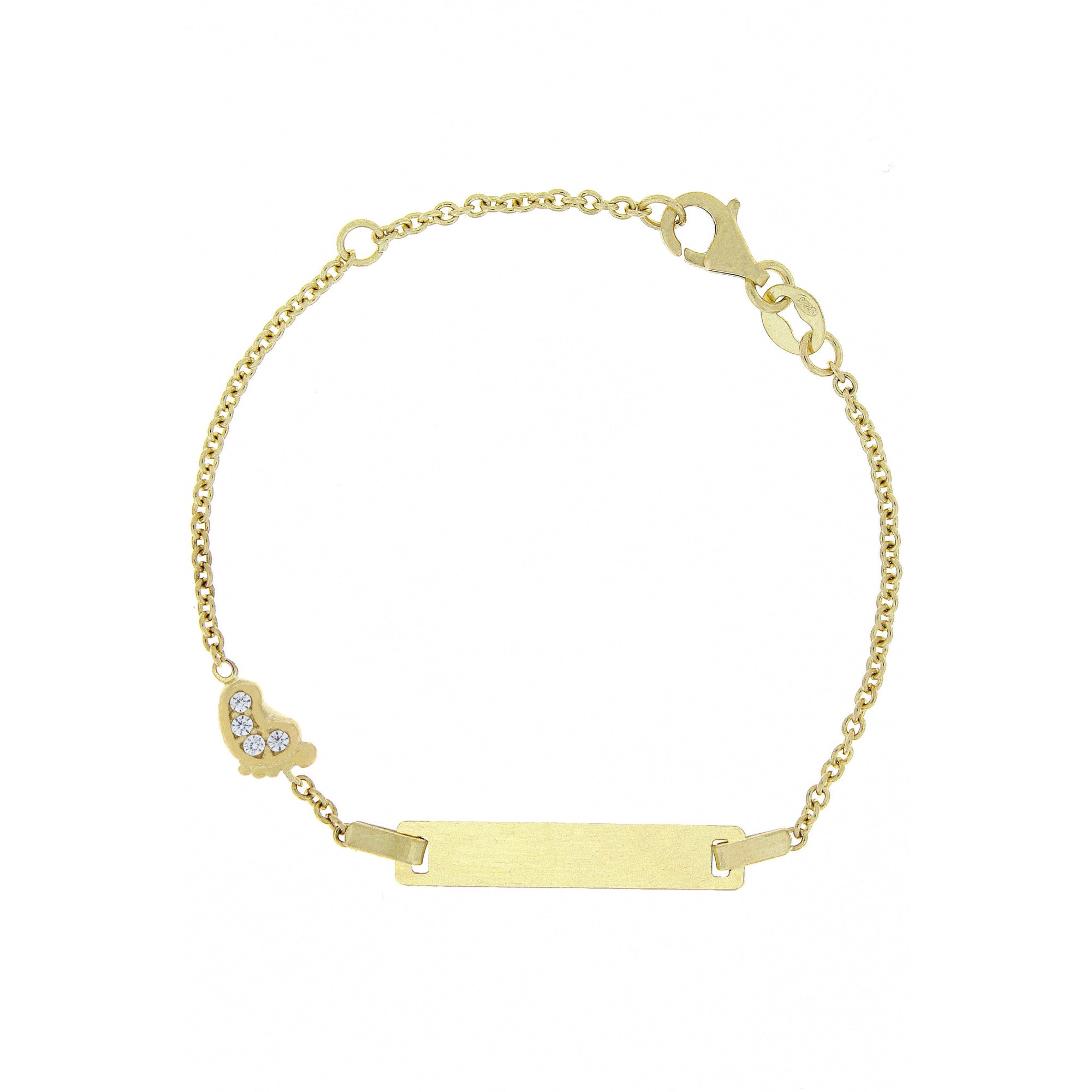 Bratara copii aur 14 k cu placuta si piciorus, pietre zirconia