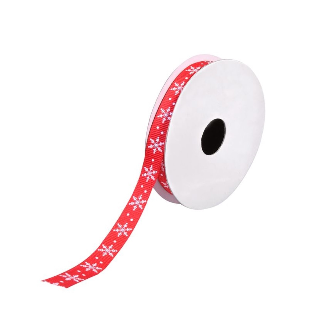 Panglica decorativa rosie cu fulgi de zapada albi , 5 m x 9 mm