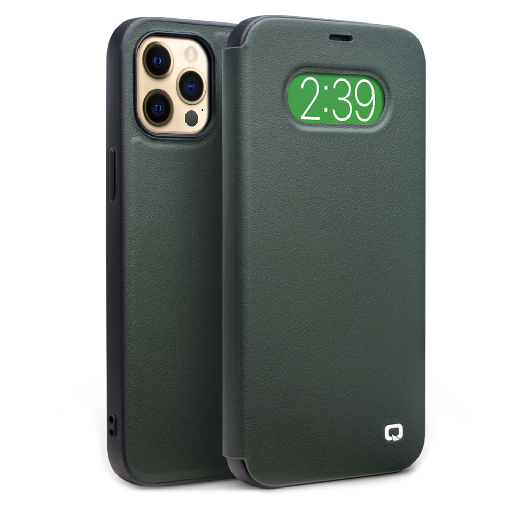Husa pentru iPhone 12 Pro Max din piele naturala nappa, cu fereastra vizualizare apelant si ora, Qialino Window view, Verde