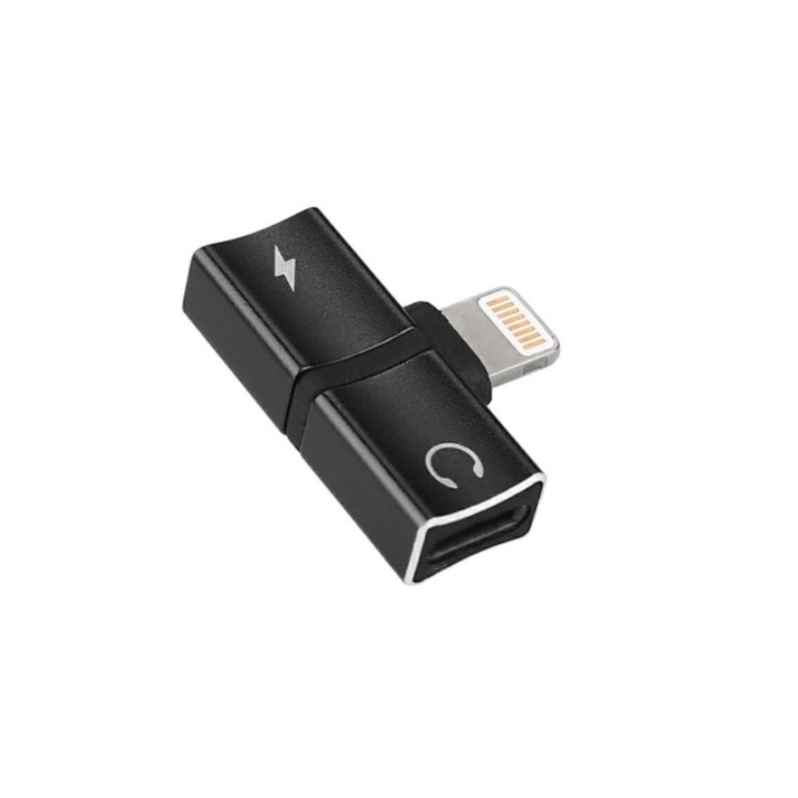 Soho iPhone / iPad Lightning adapter, fejhallgató és töltő, elosztó, fekete