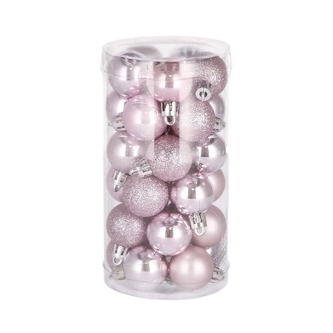 Set 30 globuri decorative pentru brad de Craciun, din plastic, diametru 3cm, culoare rose
