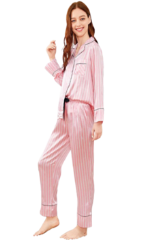 Set Pijama, Victoria's Angel, roz cu dungi albe, material satinat, 2 piese Set Pijama, Victoria's Angel, roz cu dungi albe, material satinat, 2 piese