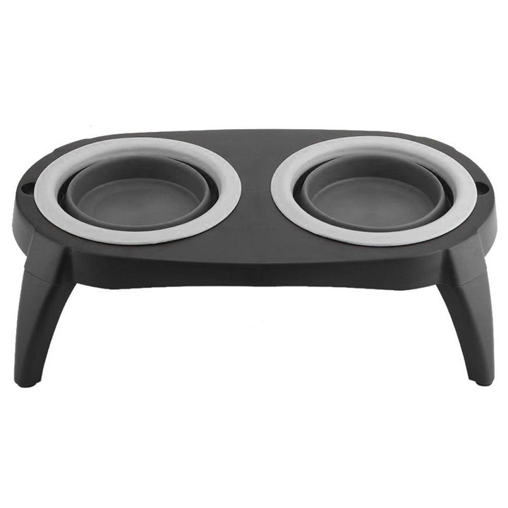 Suport castroane mancare animale, Pets Collection, Silicon/Plastic, 2x500 ml, Negru/Gri