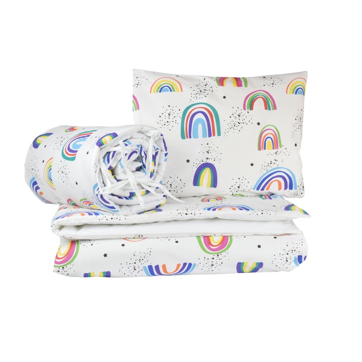 Lenjerie patut bumbac 100%, 4 piese, curcubeu, alb multicolor