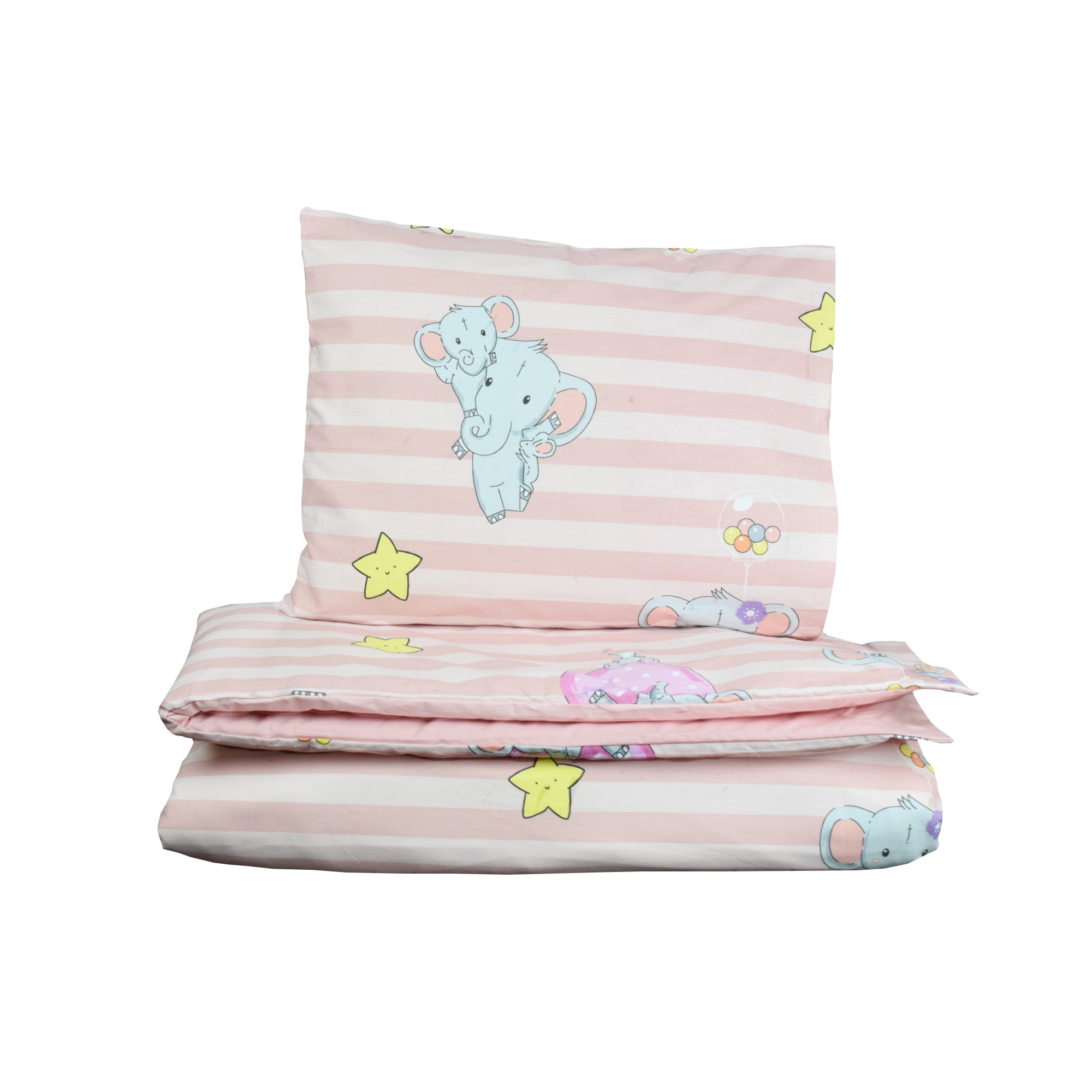 Lenjerie patut bumbac 100%, 3 piese, elefanti, roz