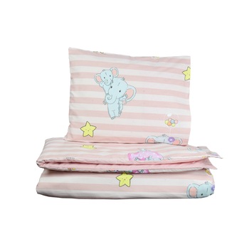 Lenjerie patut bumbac 100%, 3 piese, elefanti, roz Lenjerie patut bumbac 100%, 3 piese, elefanti, roz