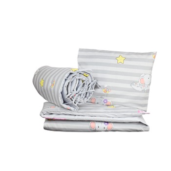 Lenjerie patut bumbac 100%, 4 piese, elefant, gri Lenjerie patut bumbac 100%, 4 piese, elefant, gri
