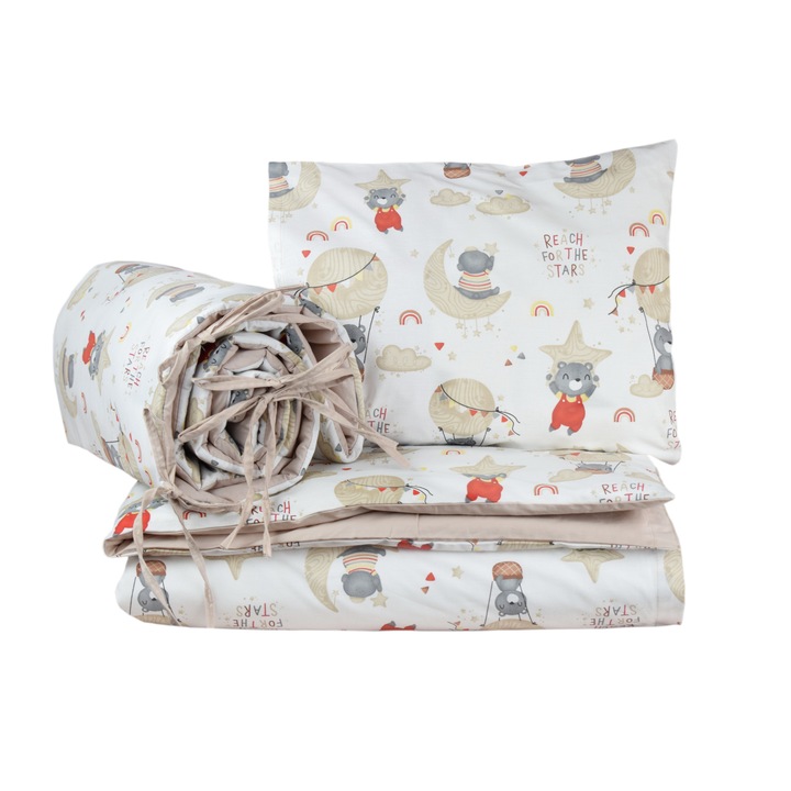 Lenjerie patut bumbac 100%, 4 piese, ursuleti, bej