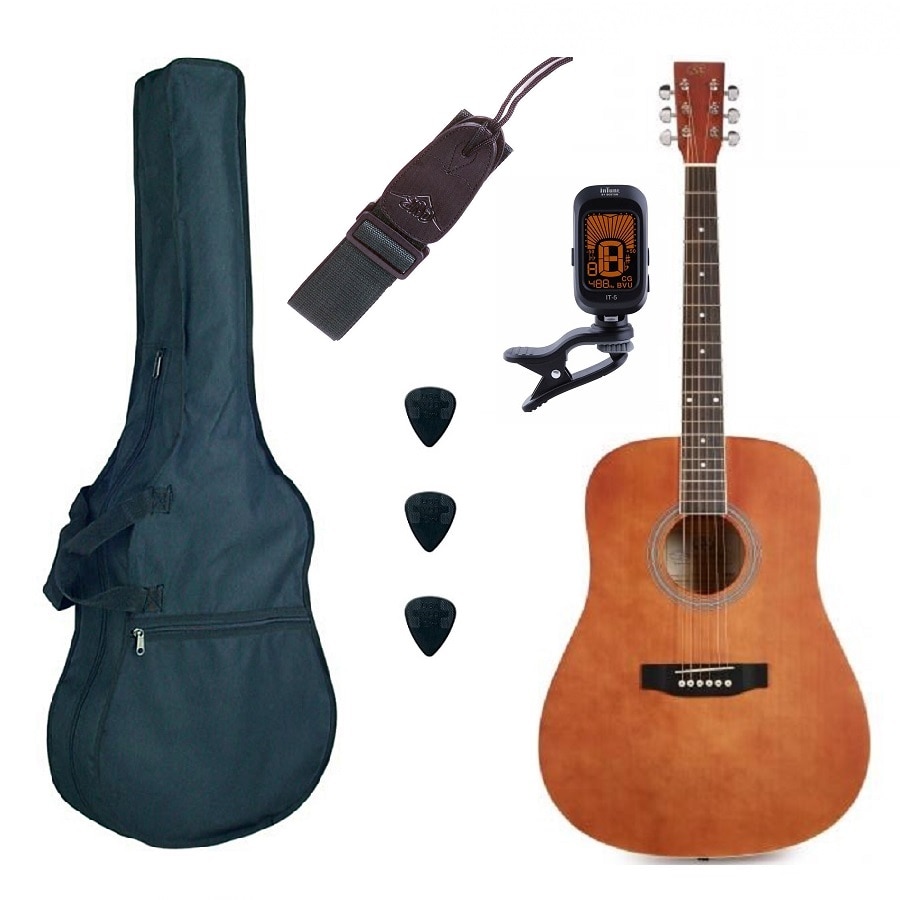 Set chitara SX SD104GBR Basic2 maro lacuit dreadnought