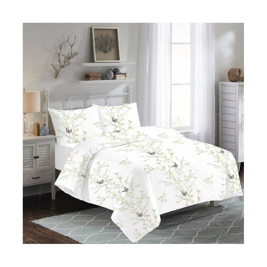Lenjerie de pat Deco, 2 persoane, 100 % bumbac, alba cu fluturi, 4 piese