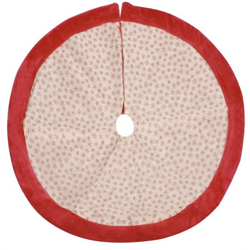 Covor pentru brad de Craciun, din in cu finisaj rosu si fulgi cu sclipici brodati, 1 m