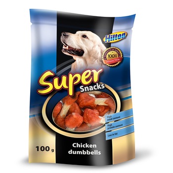 Recompense pentru caini Hilton, Gantere cu carne de pui, 100 g Recompense pentru caini Hilton, Gantere cu carne de pui, 100 g