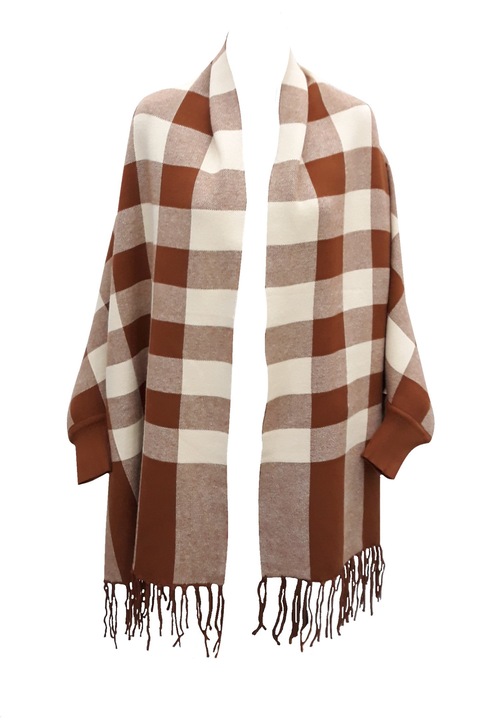 Ponch cardigan L-line, cu franjuri, carouri, Maro/Bej, One Size