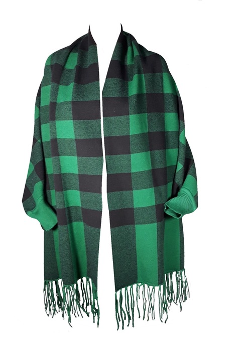 Г-образна жилетка пончо, с ресни, карета, Зелен/Черен, One Size