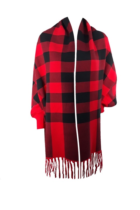 Г-образна жилетка пончо, с ресни, карета, Червен/Черен, One Size