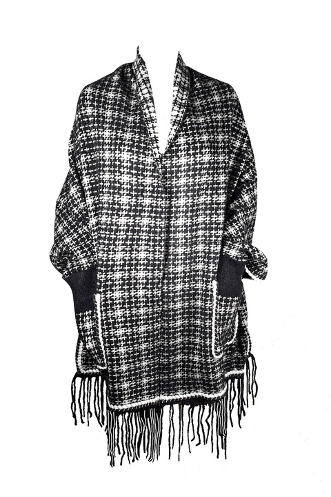 Ponch cardigan L-line, cu franjuri, negru-alb , one size
