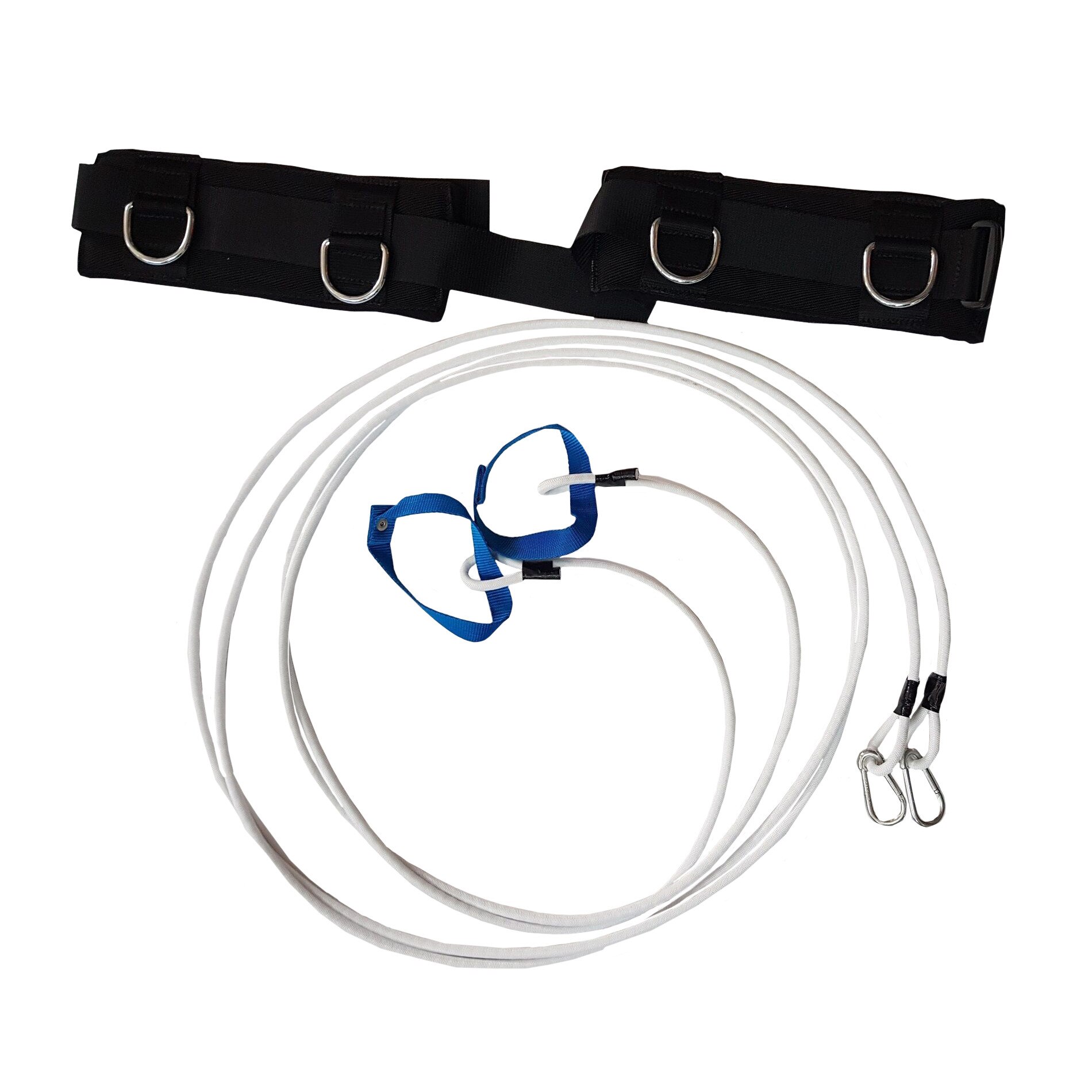Centura tractiune, cu 2 corzi elastice, 3 m lungime - pentru exercitii individual sau in doi, Alb/Negru