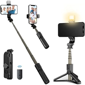 Selfie Stick cu lumina, Telecomanda, Bluetooth, 3 moduri, 6 lumini, Universal, Negru