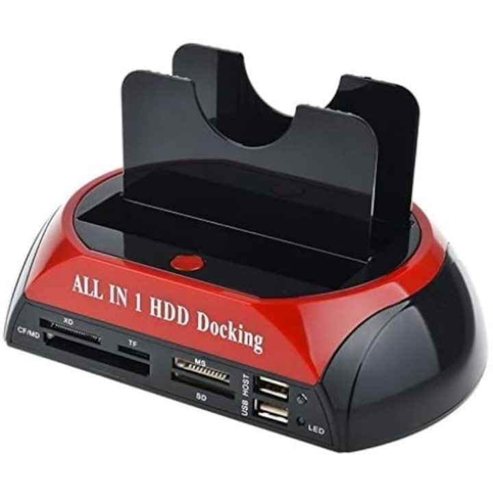 All-in-one dokkolóállomás, USB 2.0 – 2,5/3,5 hüvelykes, SATA I/II/III IDE kettős bővítőhely, fekete/piros