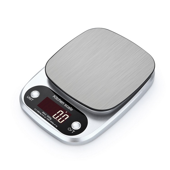 Cantar digital de bucatarie, 10 kg, afisaj LED si functie de tara, Inox, Argintiu