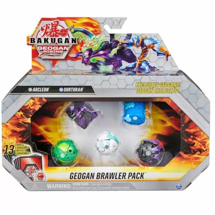 Pachet figurine Bakugan Geogan Brawler, Spin Master, Surturan & Sluggler, 3 Bakugany, 6 BakuCore, multicolor