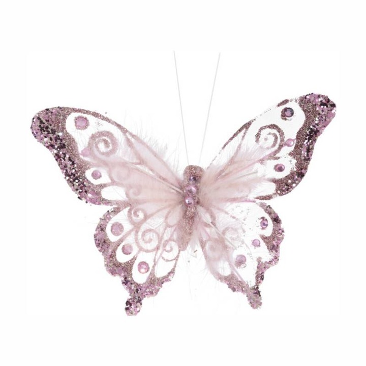Коледна украса за елха Пеперуда с щипка, розова 15см