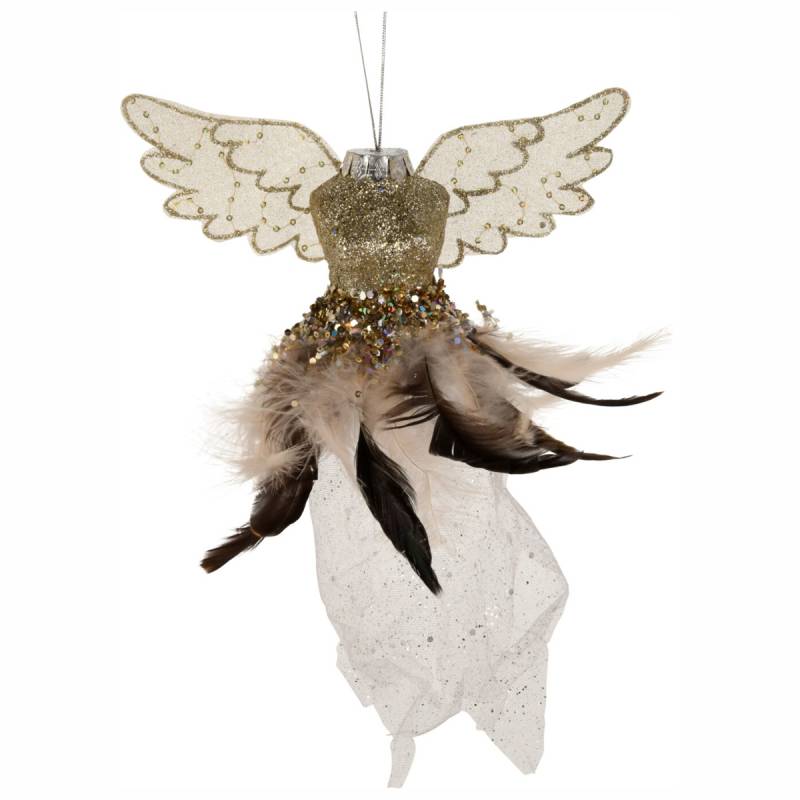 Decoratiune brad Rochita cu aripi de inger, crem auriu, 27 cm