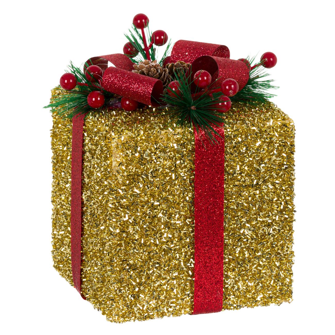 Decoratiune de Craciun, Zola®, model cadou auriu cu fundita rosie, 12x12x13 cm