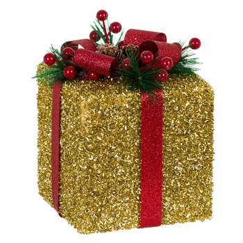 Decoratiune de Craciun, Zola®, model cadou auriu cu fundita rosie, 12x12x13 cm Decoratiune de Craciun, Zola®, model cadou auriu cu fundita rosie, 12x12x13 cm