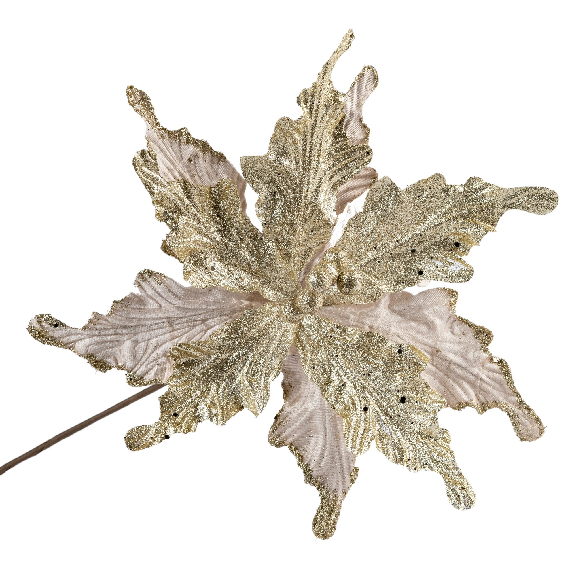 Decoratiune craciun, craciunita artificiala catifea cu gliter, sampanie, Ø27