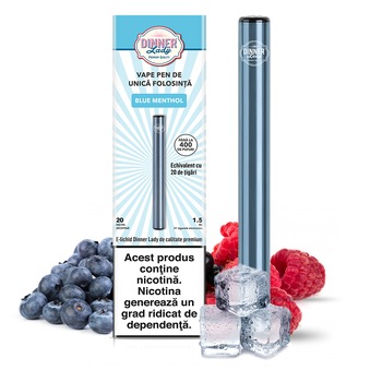 Kit Tigara Electronica Dinner Lady Vape Pen - Blue Menthol ,Dispozitiv de unica folosinta ,1,5ml ,20mg NicSalt ,autonomie ,400 pufuri Kit Tigara Electronica Dinner Lady Vape Pen - Blue Menthol ,Dispozitiv de unica folosinta ,1,5ml ,20mg NicSalt ,autonomie ,400 pufuri