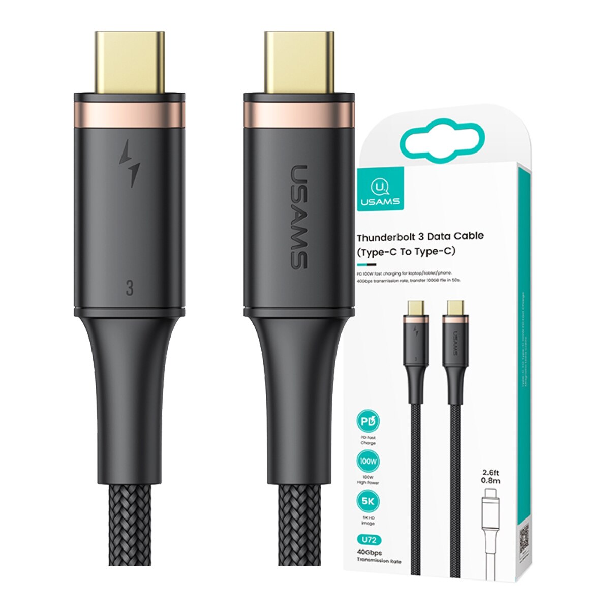 Cablu Type C to Type C, USAMS, 80cm, Thunderbolt, Negru